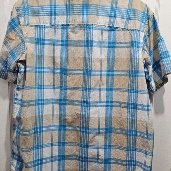 Columbia Men's Plaid Short Sleeve Button-Up Shirt L Beige & Blue Cotton - Picture 6 of 6